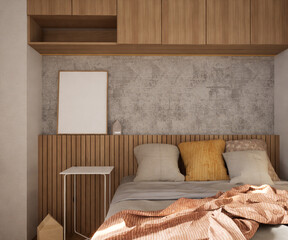 Blank picture frame mockup on modern bed room design