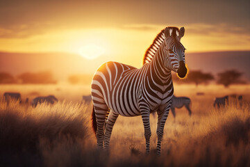 Fototapeta na wymiar Zebras in the African savanna against a beautiful sunset.Generative AI.