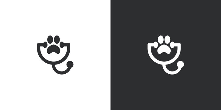 pet dog and cat love stethoscope logo. pet care concept element. linear style symbol vector illustration.