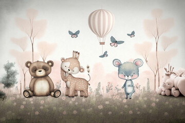 Kids room wallpaper with animals and pastel colors.Generative ai.