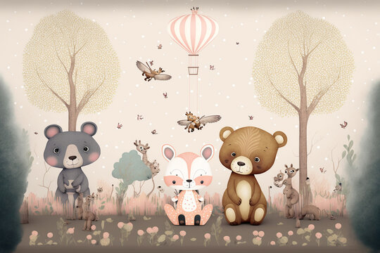 Fototapeta Kids room wallpaper with animals and pastel colors.Generative ai.