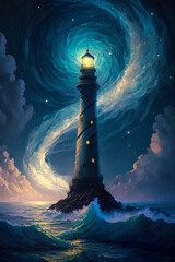 Beautiful Watercolor Illustration of a Lighthouse set on a Rocky Island against a Backdrop of a Starry Night Sky, Made in Part with Generative AI