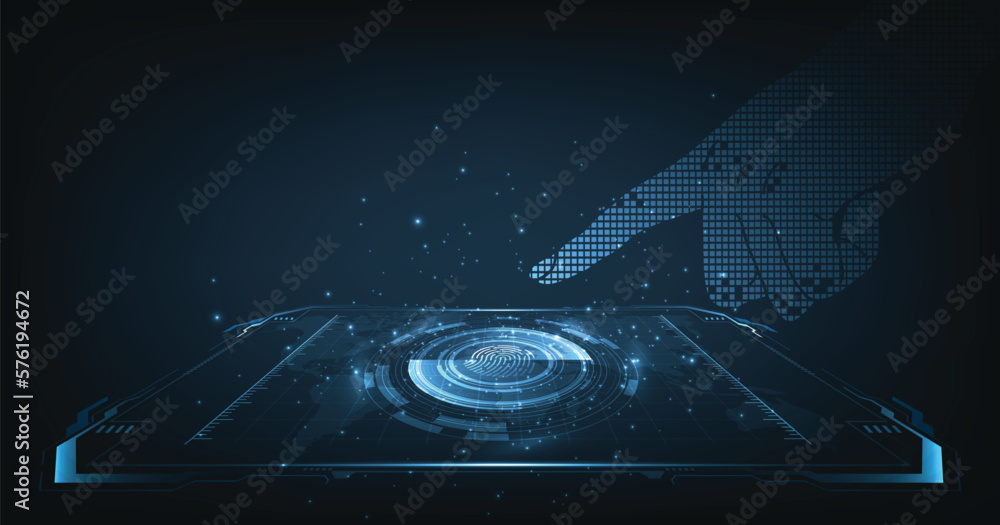 Aufkleber Cyber security with fingerprint scanning system concept.Fingerprint on hexagon geometric graphics dark blue.Security and password control through fingerprints.Virtual 3d Illustration.