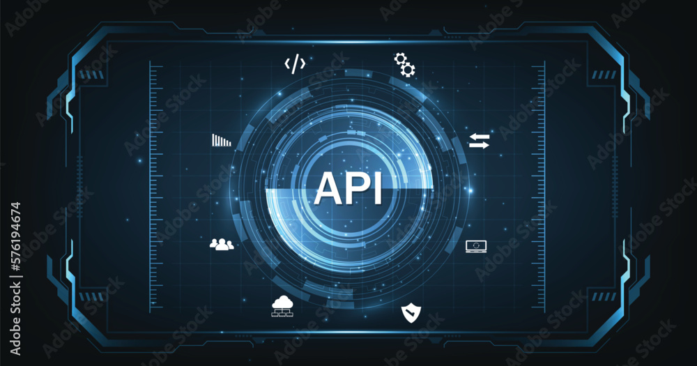 Poster  (API)Application Programming Interface. Software development tools, information technology, modern technology, internet, and networking concept on dark blue background.	