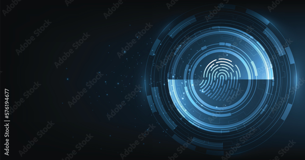 Poster fingerprint scanning on dark blue technology background.cyber security background.data protection, p