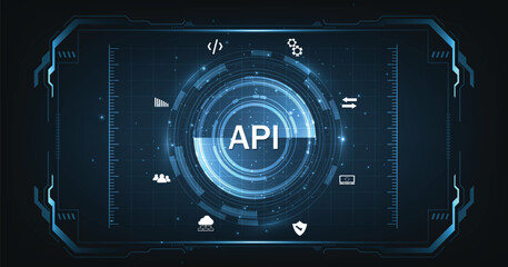  (API)Application Programming Interface. Software development tools, information technology, modern technology, internet, and networking concept on dark blue background.	
