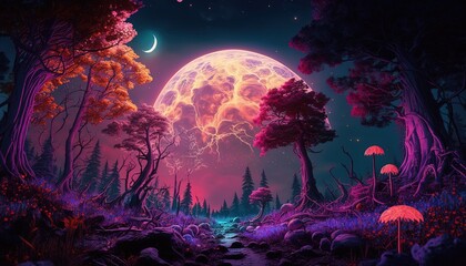 Plakat landscape of a mystical forest with towering trees, enchanted creatures, and glowing mushrooms that illuminate the forest floor generative ai