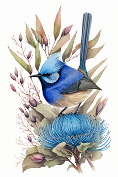 Blue Australian Fairy Wrens. Watercolour Illustration, Ai Image. For Wedding Invitation Cards Scrapbooking Posters Planners, Web, Landing Page, Wallpaper