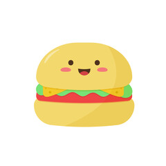 Happy cute smiling kawaii Burger Set, Classic, Hamburger. Isolated on a white background. Vector illustration in flat cartoon style.