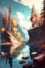 Fototapeta na wymiar painting of a lake surrounded by trees. generative ai.