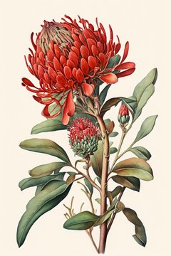 Watercolour abstract clip-art of waratah flower. Red waratah. Set of exotic flowers on a creamy background. For wedding invitation cards scrapbooking posters planners, web, landing page, wallpaper