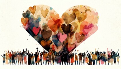 Group of multicultural people with arms and hands raised towards a hand painted heart. Charity donation, volunteer work, support and assistance, multiethnic community. Peace on earth. Generative AI - obrazy, fototapety, plakaty