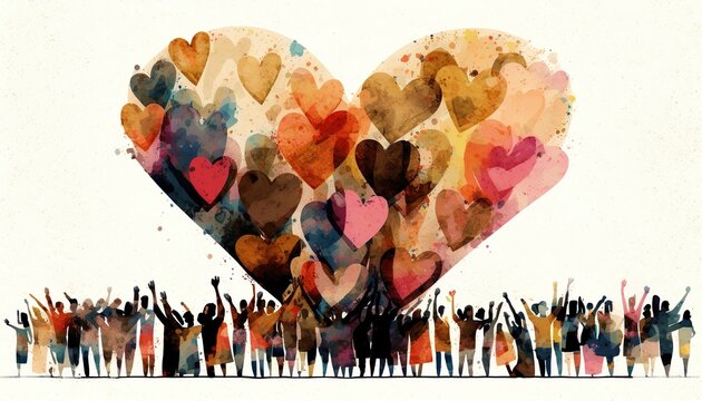 Group of multicultural people with arms and hands raised towards a hand painted heart. Charity donation, volunteer work, support and assistance, multiethnic community. Peace on earth. Generative AI