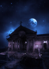 3D Old tomb building at night