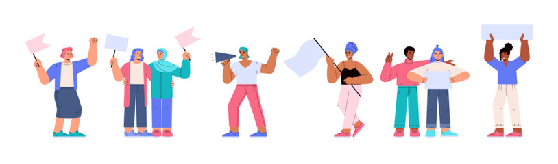 Set of women with flags, banners and loudspeaker flat style