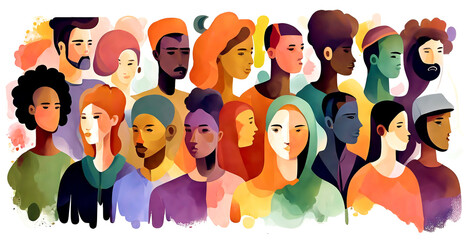  watercolor Portrait of diverse people standing together, generative ai