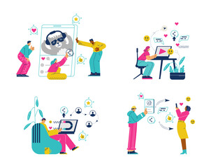 Set of happy people watching media with laptops and mobile phones flat style