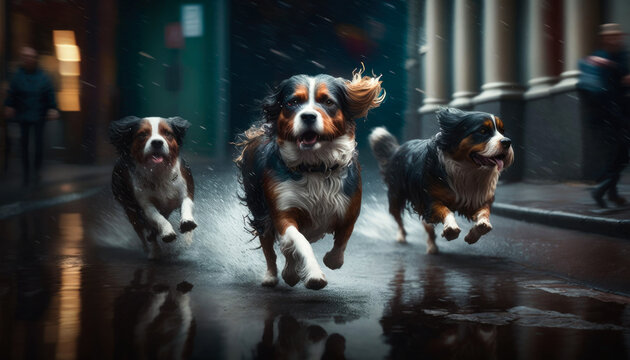 Three Dogs Running Down The Street In The Rain, Realistic And Conceptual Illustration, Usable For Marketing And Advertising