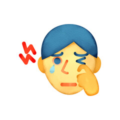 目が充血して痒いアジア人男性の顔。水彩風イラスト。 An Asian male’s face with itchy and bloodshot eyes. Watercolor style illustration.