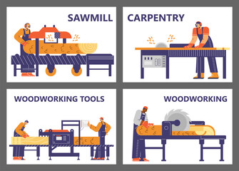 Sawmill and carpentry wood works banners or flyers flat vector illustration.