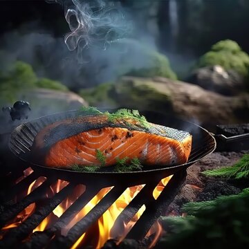 Salmon Steak On Grill With Smoke In Forest. Delicious Grilled Fish Food, Seafood Cooking Outdoors