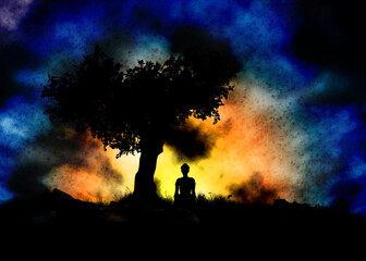 Naklejka na ściany i meble Girl under tree silhouette at sunset