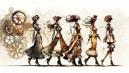 Fototapeta na wymiar Steampunk female fashion show, models on a runway, abstract, artistic, watercolor, illustration. Generative AI