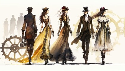 Steampunk fashion show, female and male models on a runway, abstract, artistic, watercolor, illustration. Generative AI