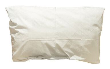 White pillow with case after guest's use at hotel or resort room isolated on white background with clipping path in png file format, Concept of confortable and happy sleep in daily life