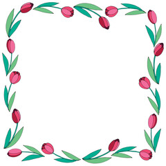 Fototapeta na wymiar Vector square frame, wreath from outline red tulips. Spring flowers. Bright background, border, decoration for greeting card, invitation, Valentine's, Women's or Mother day