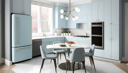 Modern kitchen featuring light blue flat front cabinets paired with white quartz countertops, dining table and furniture