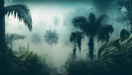 Fototapeta na wymiar Morning in the jungle, Jungle in the fog, Panorama of the rainforest, palm trees in the fog, jungle in the haze