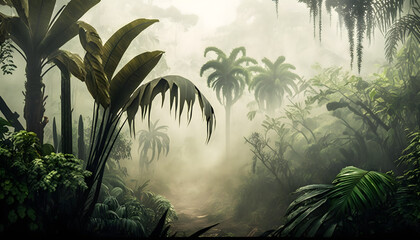 Naklejka premium Morning in the jungle, Jungle in the fog, Panorama of the rainforest, palm trees in the fog, jungle in the haze