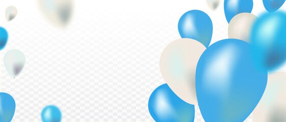 Celebration banner blue and white balloons with gold confetti.