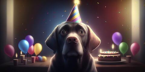 portrait of a dog at his birthday party with party hat and has a wild cake with candles, wearing a party hat, balloons and confetti.