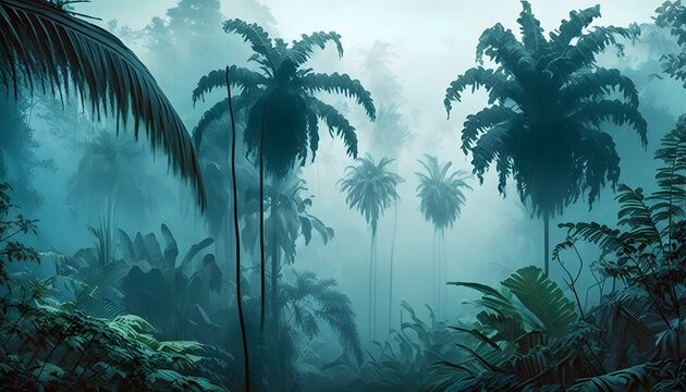 Morning in the jungle, Jungle in the fog, Panorama of the rainforest, palm trees in the fog, jungle in the haze