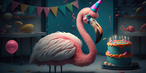 portrait of a flamingo at his birthday party with party hat and has a wild cake with candles, wearing a party hat, balloons and confetti.