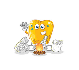 gold teeth roasting marshmallows. cartoon mascot vector