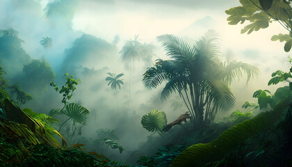 Morning in the jungle, Jungle in the fog, Panorama of the rainforest, palm trees in the fog, jungle in the haze