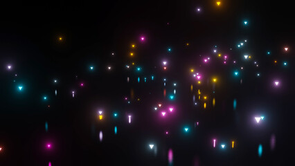 multicolored triangular glowing particles on a black background. abstract composition background. 3d render illustration