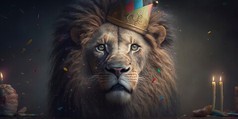 portrait of a lion at his birthday party with party hat and has a wild cake with candles, wearing a party hat, balloons and confetti.