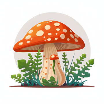 Mushrooms in the grass Flat illustration style isolated on dark background, Generative AI
