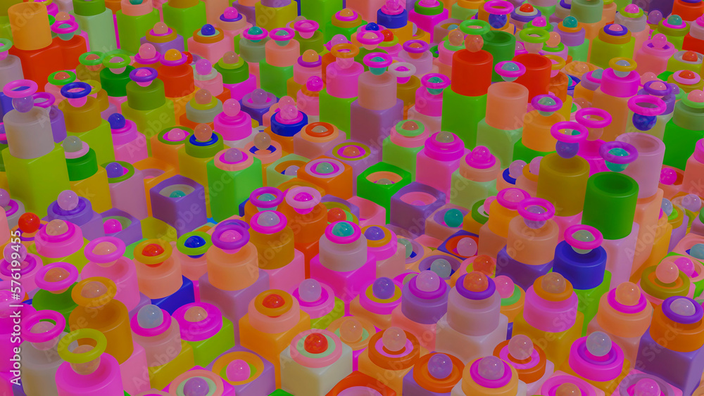 Poster abstract background. many different colored cubes and spheres at different heights. 3d render illust
