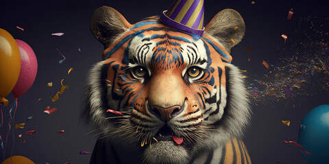 portrait of a tiger at his birthday party with party hat and has a wild cake with candles, wearing a party hat, balloons and confetti.