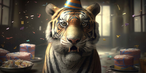 portrait of a tiger at his birthday party with party hat and has a wild cake with candles, wearing a party hat, balloons and confetti.
