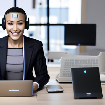 Human-like humanoid Customer Support Agent AI robot wearing head phone - Generated by AI