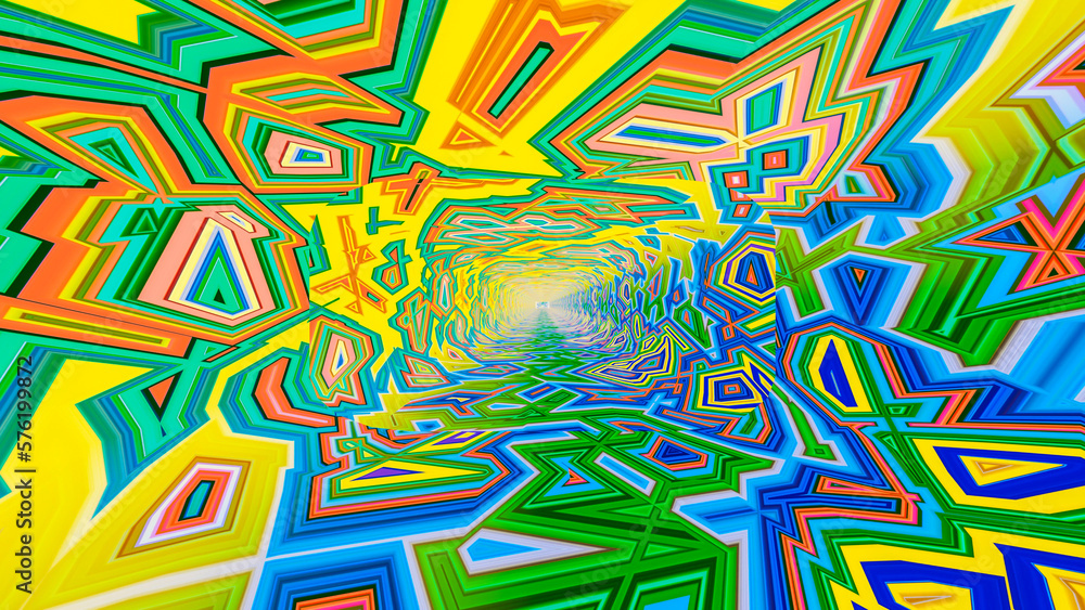 Poster abstract background. different rainbow geometric patterns. tunnel. 3d render illustration
