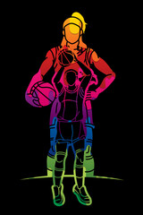Fototapeta na wymiar Group of Basketball Female Players Action Cartoon Sport Graphic Vector