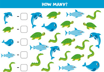 Counting game with cartoon sea animals. Math worksheet.