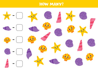 Counting game with cartoon seashells. Math worksheet.